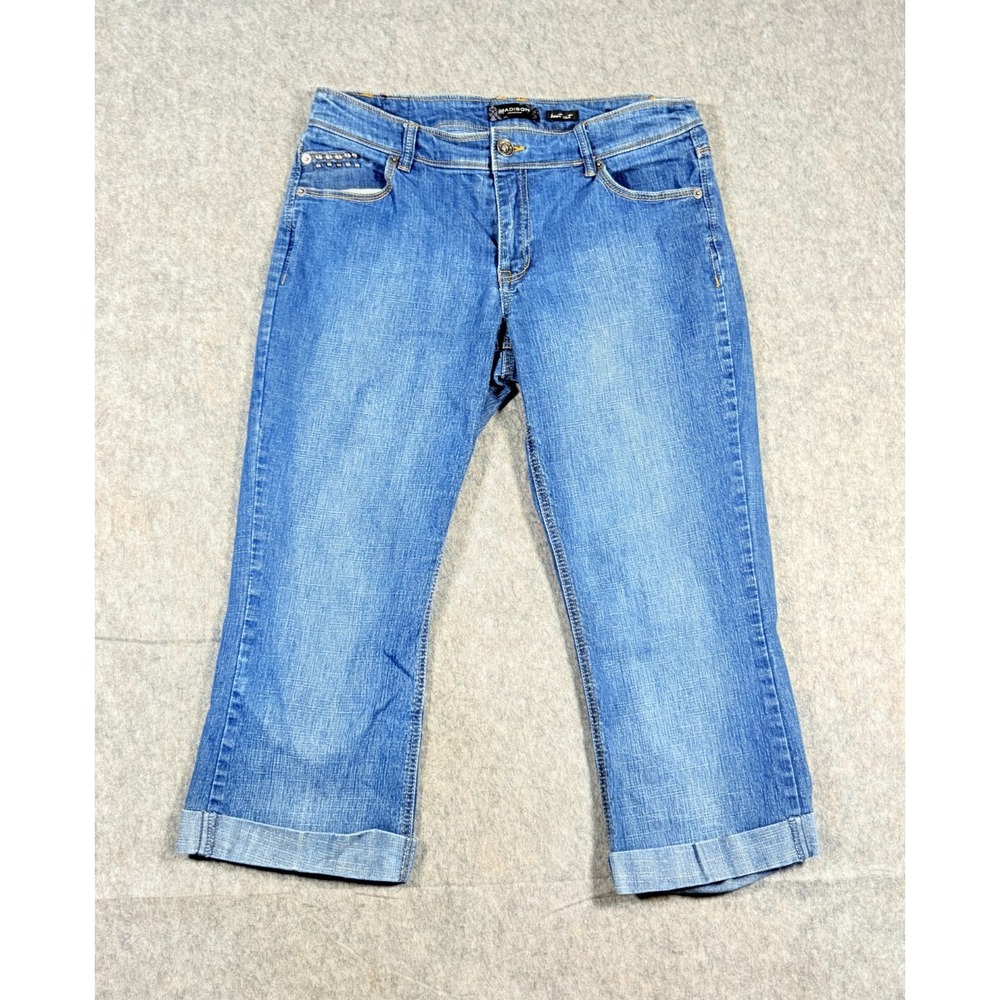Madison Women's Jeans Size 10 Blue Denim Medium Wash Cuffed Bootcut Pants Casual